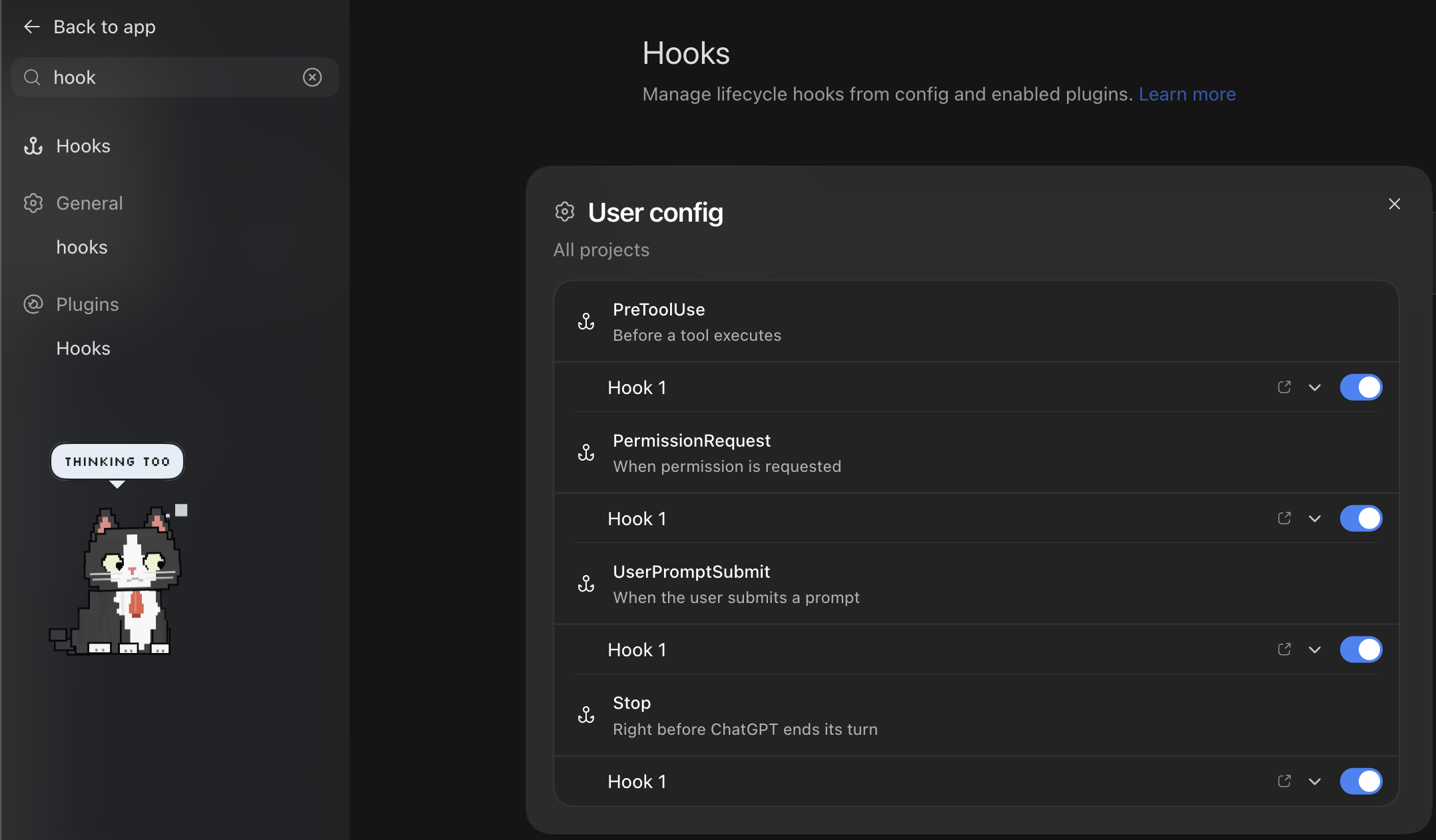 Codex Hooks settings showing the four Mewie hooks enabled under User config, with Mewie beside them saying Thinking too.