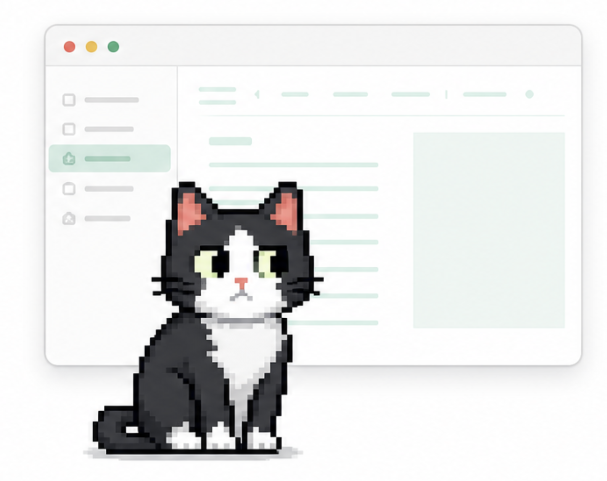 Black-and-white pixel cat Mewie sitting in front of a calm desktop window